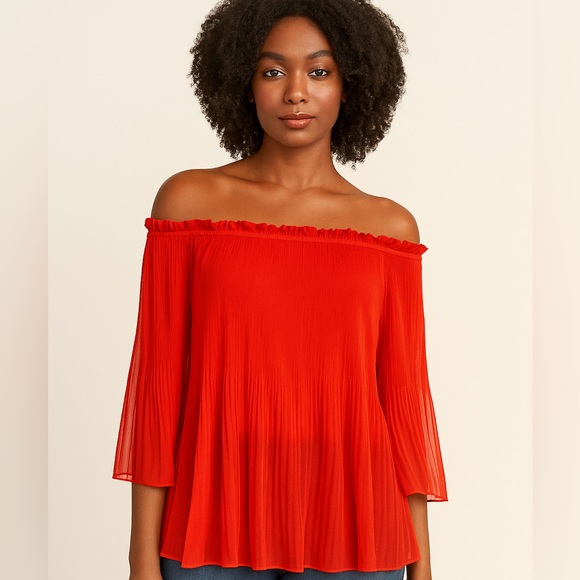 Zara Tops - ZARA Woman Red Pleated Off-Shoulder “Flowy” Blouse with 3/4 sleeves Size XS